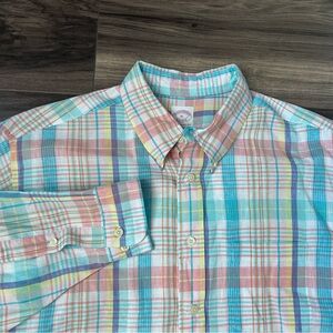 Brooks Brothers Long Sleeve Shirt Mens XL Multicolor Plaid Irish Linen Pastel